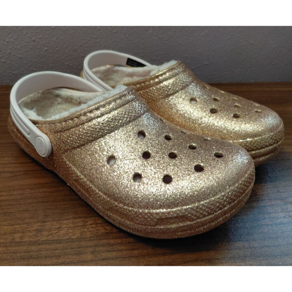 Crocs Classic Fleece Lined Gold Glitter Clog Big Kids Size J4